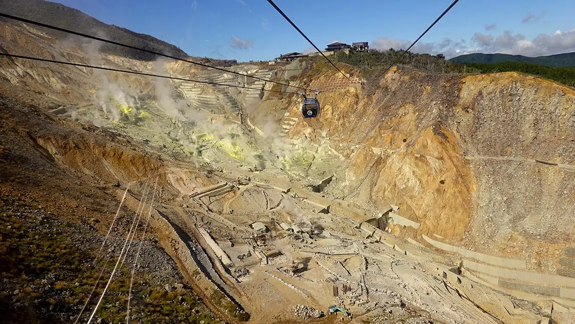 Vistas desde el funicular hacia el Valle volcánico de Owakudani
